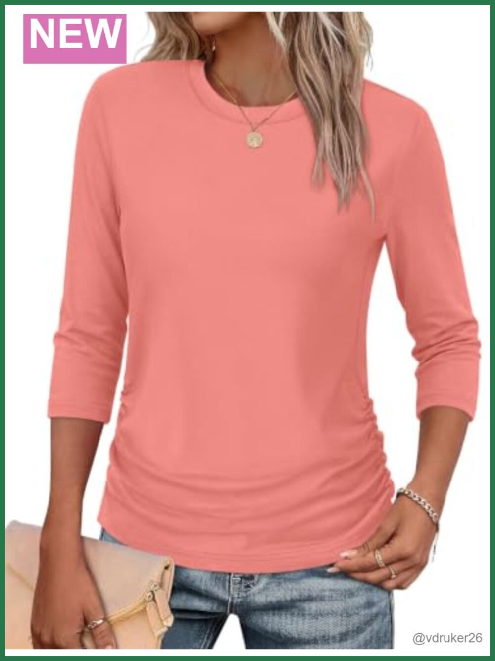 Womens 3/4 Sleeve Crewneck Ruched Fitted T-Shirt Casual Pullover Top